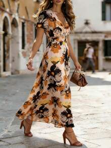 Balvessa Elegant Ditsy Floral Waist Cinched Dress, Spring/Summer - Multicolor - View 4