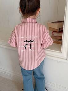 DAZY 女婴/幼儿翻领条纹韩版蝴蝶结印花长袖衬衫 - 粉色 - 查看 4