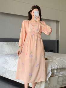 DAZY Women's Floral Print Nightgown, Spring - Orange - View 5