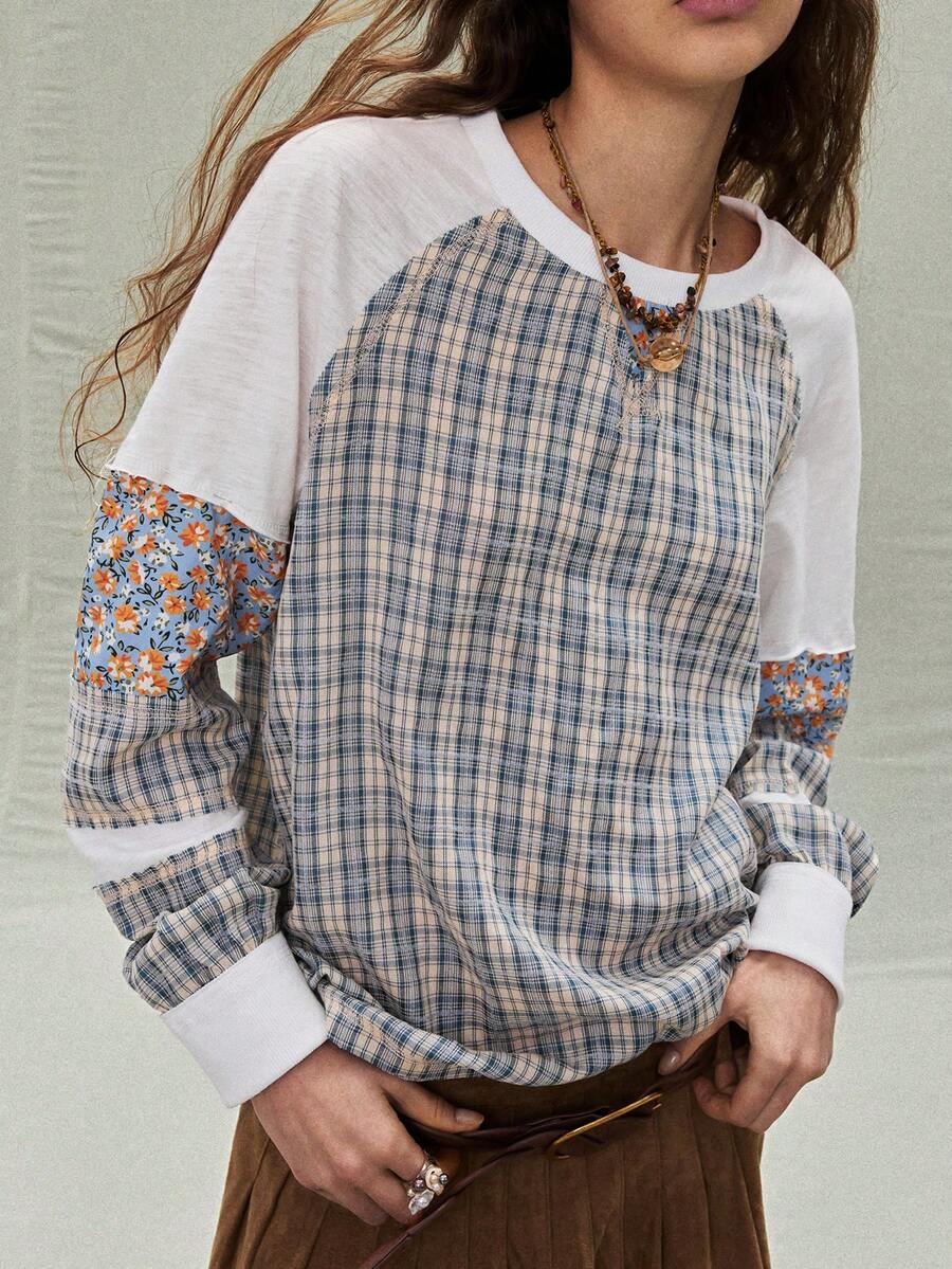 SoleilVie Women's Casual Patchwork Plaid Retro Round Neck Raglan Sleeve Sweatshirt, Autumn - Multicolor - View 1