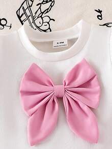 女婴针织泡泡袖蝴蝶结T恤上衣和裙子套装，粉色蝴蝶结设计，甜美女孩户外装，夏季 - 白色 - 查看 6