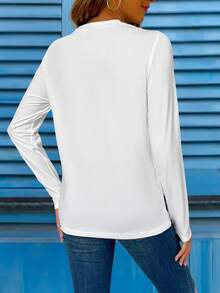 EMERY ROSE 1pc Women'S Casual Crew Neck Long Sleeve T-Shirt With Love Heart & Leopard Print,Regular Length, Alphabet Pattern, Fashionable Everyday Wear For Spring/Fall - White - View 2