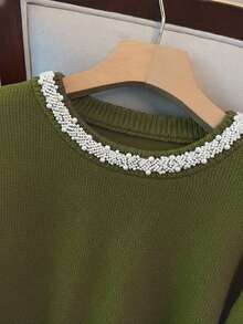 GlowEve CURVE Plus Size Elegant Pearl Embellished Crew Neck Long Sleeve Sweater - Olive Green - View 5