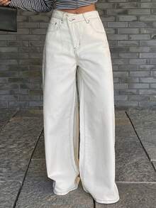 DAZY Quần jean ống đứng dáng rộng cạp thường dành cho nữ, phong cách thành thị thường ngày có thiết kế cạp chun - Màu be - Xem 4