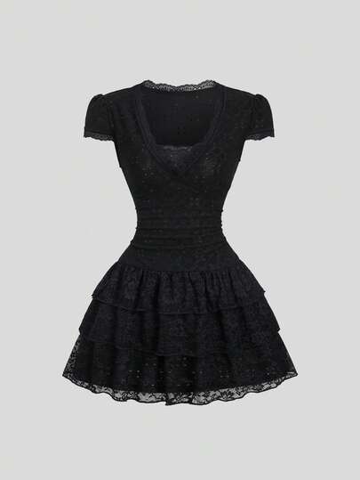 Sweetra Women's Solid Color Minimalist Casual Lace Short Sleeve Dress