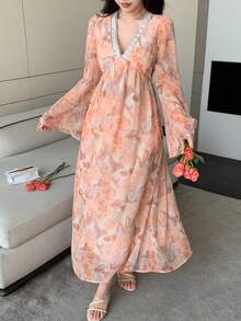 DAZY Elegant Lace Patchwork Vacation Wedding Guest Midi Dress Sundress Boho - Coral Orange - View 5