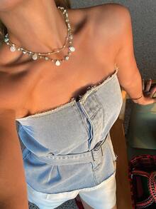 Livesso 女士棉质毛边下摆牛仔衬衫，夏季 - 淺色水洗藍 - 查看 6