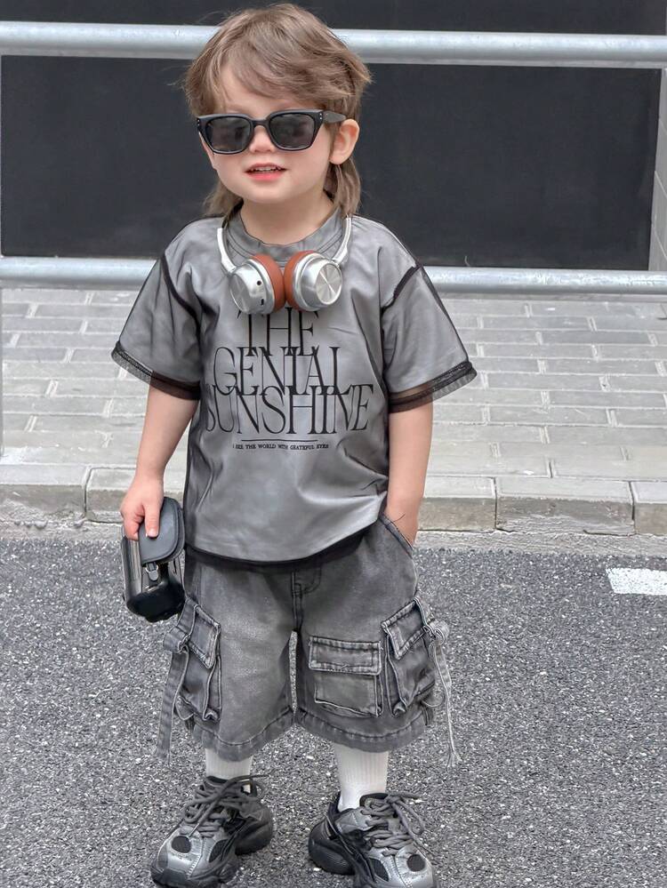 Baby Boy Letter Print Round Neck Mesh Patchwork Short Sleeve Top