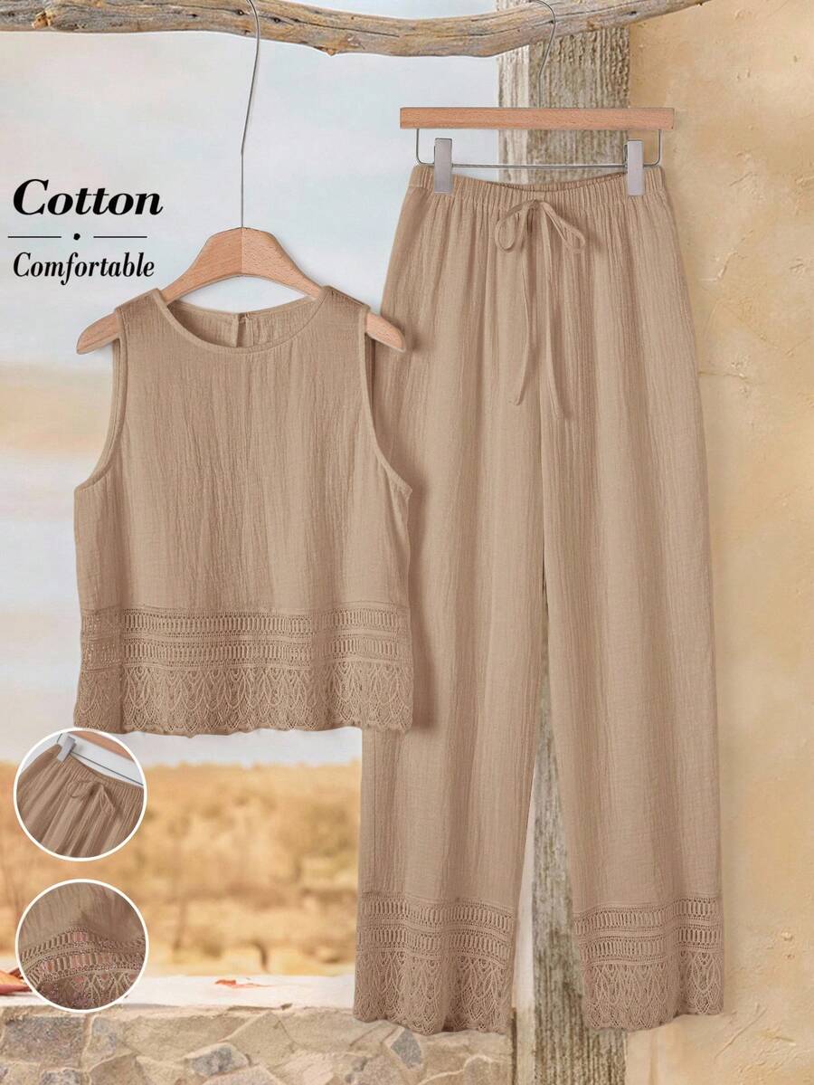 Rusticease Casual Khaki Cotton Sleeveless Round Neck Cropped Blouse With Lace Detail And Drawstring Pants Two Piece Outfit For Women Women Summer 2 Pieces Sets - Khaki - View 1