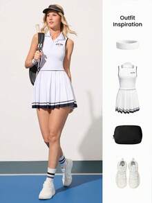 CourtClass 女士无袖半拉链休闲褶皱运动连衣裙，夏季 - 黑與白 - 查看 5