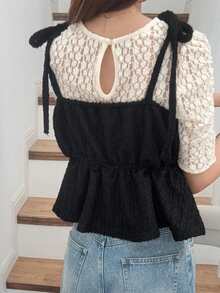 FRIFUL Women's Pleated Shoulder Tie Ruffle Hem Solid Color Camisole - Black - View 2