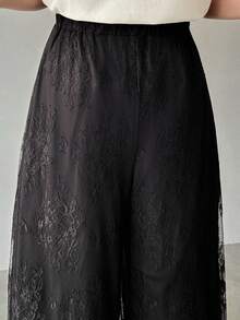 FRIFUL Women's Elastic Waist Full Lace Wide Leg Pants - Black - View 7