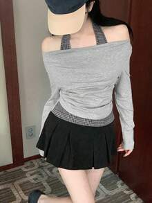 DAZY Women's Off-Shoulder Casual Long Sleeve T-Shirt, Korean Style - Grey - View 4