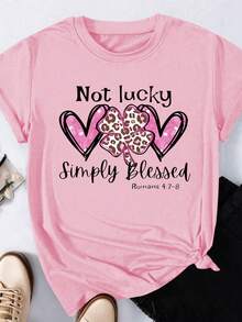 EMERY ROSE 女士加大码爱心、字母和三叶草图案圆领短袖T恤，休闲款，Not Lucky Simply Romans 4:78 图案T恤，女士上衣 - 粉色 - 查看 1
