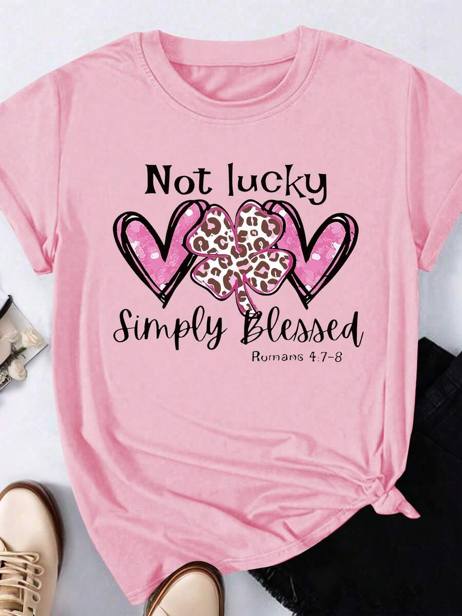 EMERY ROSE 女士加大码爱心、字母和三叶草图案圆领短袖T恤，休闲款，Not Lucky Simply Romans 4:78 图案T恤，女士上衣 - 粉色 - 查看 1