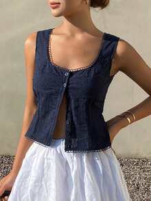 Livesso Women's Casual Sleeveless Cropped Cardigan, Bohemian , Textured Striped, Suitable For Beach, Street, Spring/Summer - Navy Blue - View 6