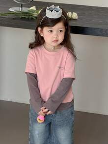 DAZY Baby Girls Round Neck Contrast Color 2 In 1 Long Sleeve Top Toddler Girls Clothes - Pink - View 9