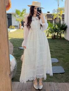 DAZY 女士浪漫蕾丝边长袖中长连衣裙 - 白色 - 查看 6