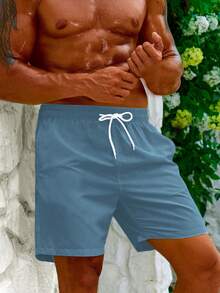 Manfinity Swimmode Men's Solid Color Drawstring Waist Beach Shorts, Summer Vacation (Printed Irregular)