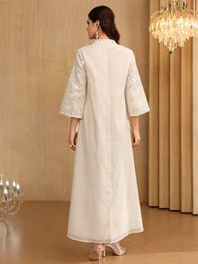 SHEIN Najma 女士阿拉伯风格连衣裙，立领，布料拼接，流苏装饰，喇叭形七分袖 - 杏色 - 查看 3