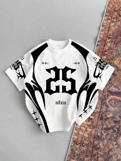 Aesthetic Post Bloke Core Number 25 Men's Numeric Print Round Neck Short Sleeve Casual Versatile T-Shirt Y2k Tops Men Mens Oversized Crop Printed Tops For Women  Shirts For Woman  Men Clothes  Graphic Tees Women  Shirts For Women White Top White Shirt   Going Out Tops Women  Summer Tops