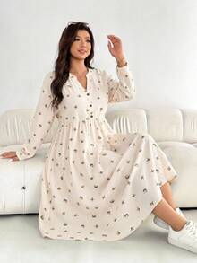 SHEIN Essnce 大码女装秋冬时尚休闲宽松舒适日常黑色碎花长袖中长连衣裙，带口袋，秋季穿搭，秋季连衣裙 - 杏色 - 查看 6