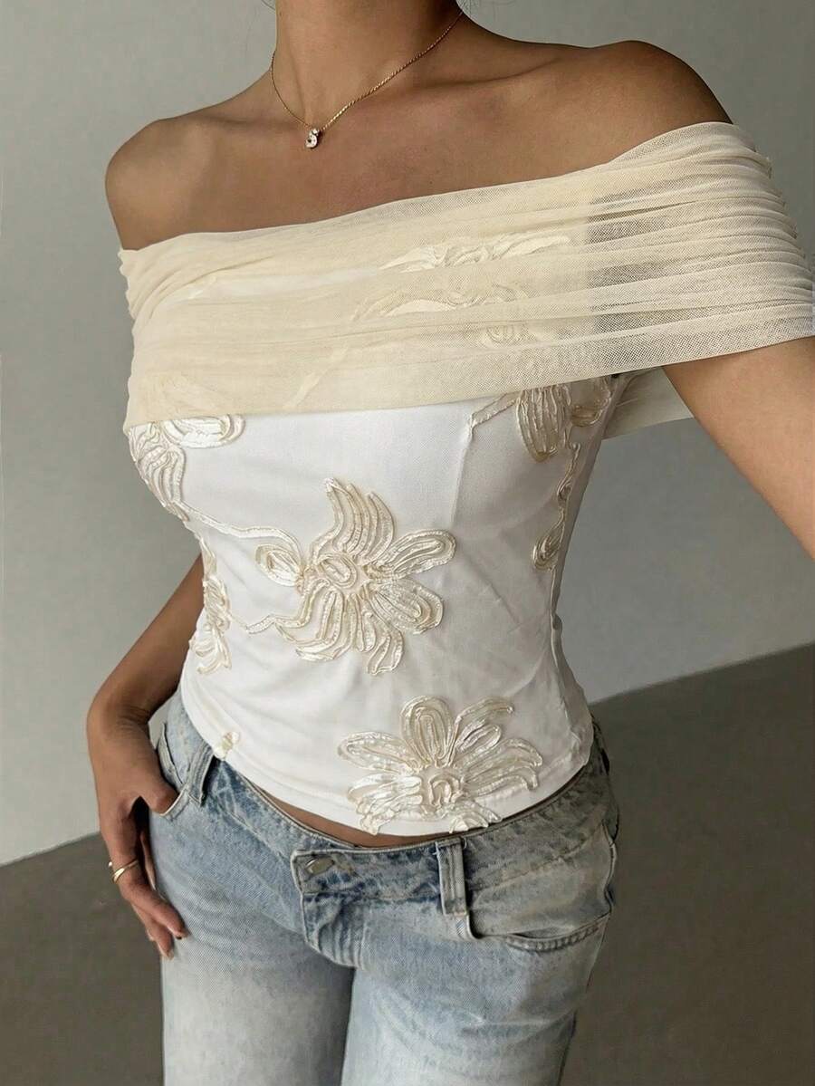 Aloruh Women's Solid Color Mesh Patchwork Embroidered Elegant Off-Shoulder Top - Apricot - View 1