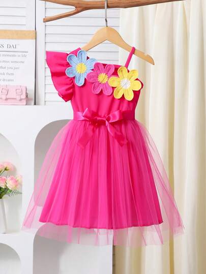 Young Girl Sweet Floral Decor Asymmetrical Neck Cap Sleeve Dress With Belt, Pink, Suitable For Birthday Party, Gathering, Daily Wear