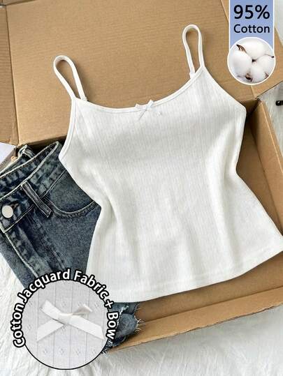 Tseoso 95% Cotton Women's Slim-Fit Camisole Top, Cotton Jacquard Fabric With Bow Detail, Casual Cute Vintage Softgirl Style, Versatile All-Year Wear For Summer, Home, School, Sports, Retro Vintage, Clean Girl, Gen Z, Sorority Girls, Summer Biking, Yoga, Sports Outfit Spring