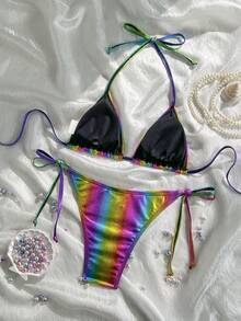 Swim Vcay 女士彩色挂脖比基尼套装，休闲海滩度假彩色比基尼彩虹比基尼炫彩比基尼彩虹泳装金属比基尼 - 彩色 - 查看 2