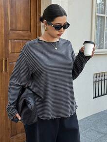 Dazy Plus Oversized Striped Short Sleeve Black & White Summer T-Shirt - Grey - View 5