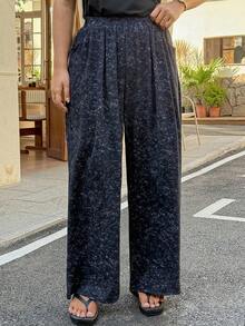 Dazy Plus Elastic Waist All-Over Floral Print Loose Long Straight Pants, All Season - Navy Blue - View 5