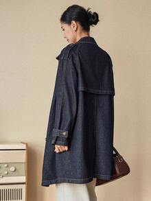 DAZY 女士翻领长袖收腰中长款休闲牛仔夹克外套