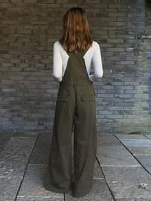 DAZY 女士宽松工装裤，休闲牛仔背带裤，街头风连体裤 - 軍綠色 - 查看 3