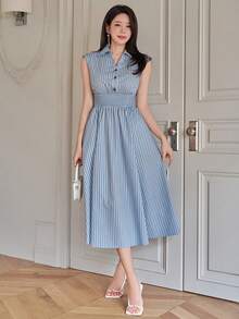 DAZY 女士优雅条纹无袖衬衫裙，中长款连衣裙 - 藍色 - 查看 5
