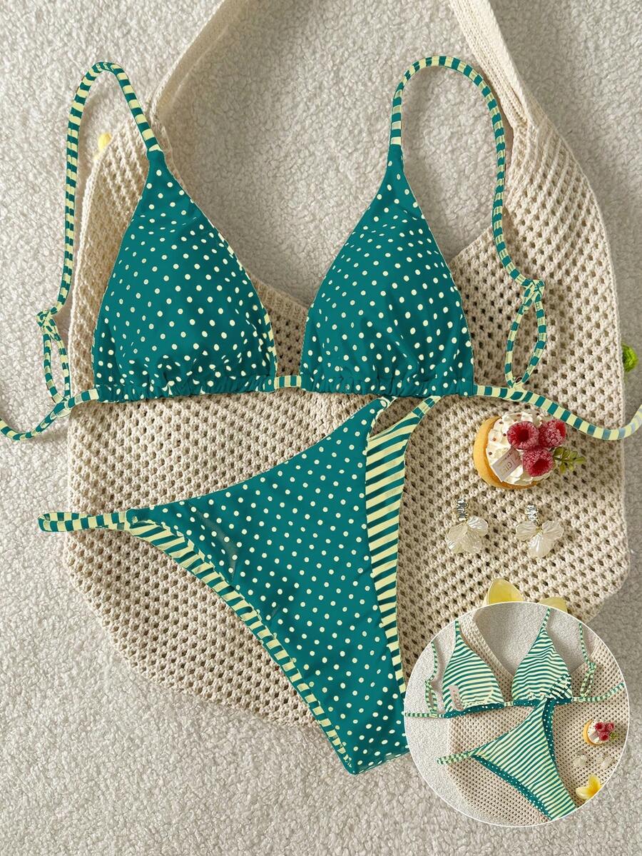 Swim Mod 2件套女士双面条纹波点印花休闲比基尼泳衣套装 - 綠色 - 查看 1