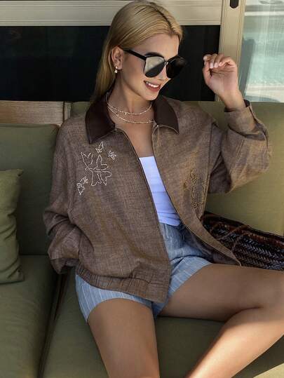 DAZY Patchwork Pattern Embroidered Beaded Decor Loose Long Sleeve Casual Vintage Style Lightweight Jacket For Women, Spring/Summer