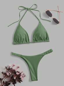 Swim Mod Solid Color Halter Spaghetti Strap Triangle Bikini Swimwear, Summer Holiday Beach Holiday Sage Green - Olive Green - View 4