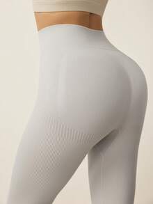SHEIN Dewbera Solid Color Casual Slim-Fit High Waist Seamless Textured Leggings - Light Grey - View 2