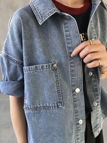 FRIFUL 女士休闲水洗纽扣贴袋宽松牛仔衬衫，夏季 - 藍色 - 查看 7