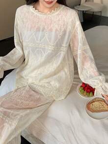 DAZY Bohemian Style Floral Embroidered Lightweight Women Pajama Set - White - View 6