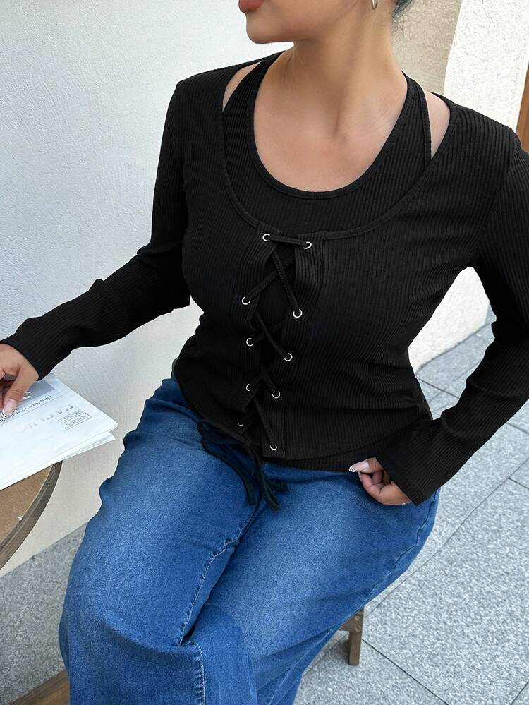 Dazy Plus Plus Size Solid Color Lace-Up 2 In 1 Casual Long Sleeve T-Shirt