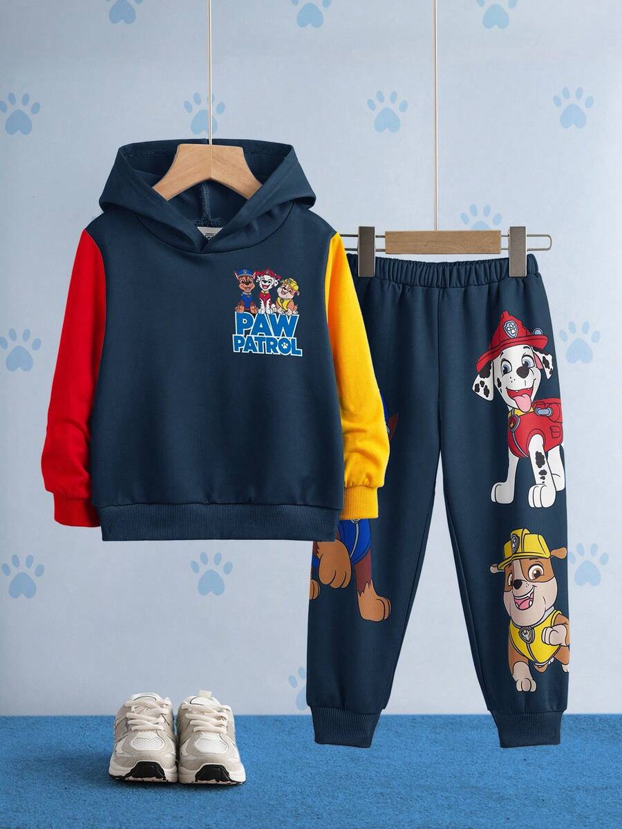 SHEIN | PAW Patrol 2件套男童卡通狗印花连帽卫衣和运动裤休闲运动套装 - 黑色 - 查看 1