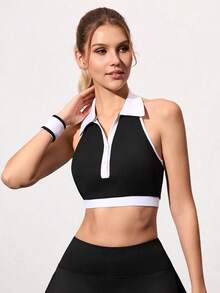 CourtClass Women's Contrast Trim Sleeveless Cropped Half-Zip Sports Bra - Black and White - View 6