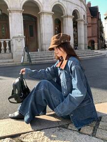 DAZY Conjunto casual de dos piezas de mujer con parches de color contrastante y denim lavado - Azul - Ver 8