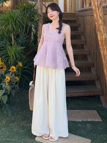 DAZY Women's Korean Style Textured Sleeveless Shirt & Loose Fit Pants 2 Pieces Set - Pink - View 4