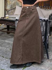 DAZY Women's Regular Waist Long A-Line Skirt, Casual Street & Urban Lifestyle Denim Skirt - Brown - View 3