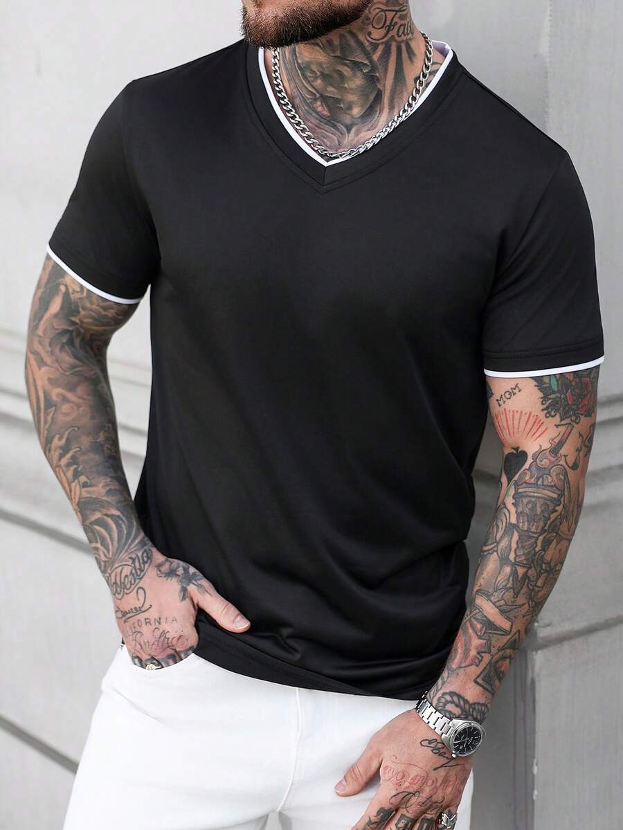 Manfinity CasualCool 男士V领休闲百搭日常短袖T恤 - 黑色 - 查看 1