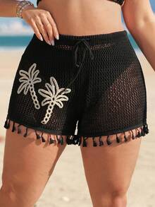 Swim Lushoire 加大码黑色单件针织椰子树装饰带流苏下摆女士泳裤短裤，春夏款 - 黑色 - 查看 2
