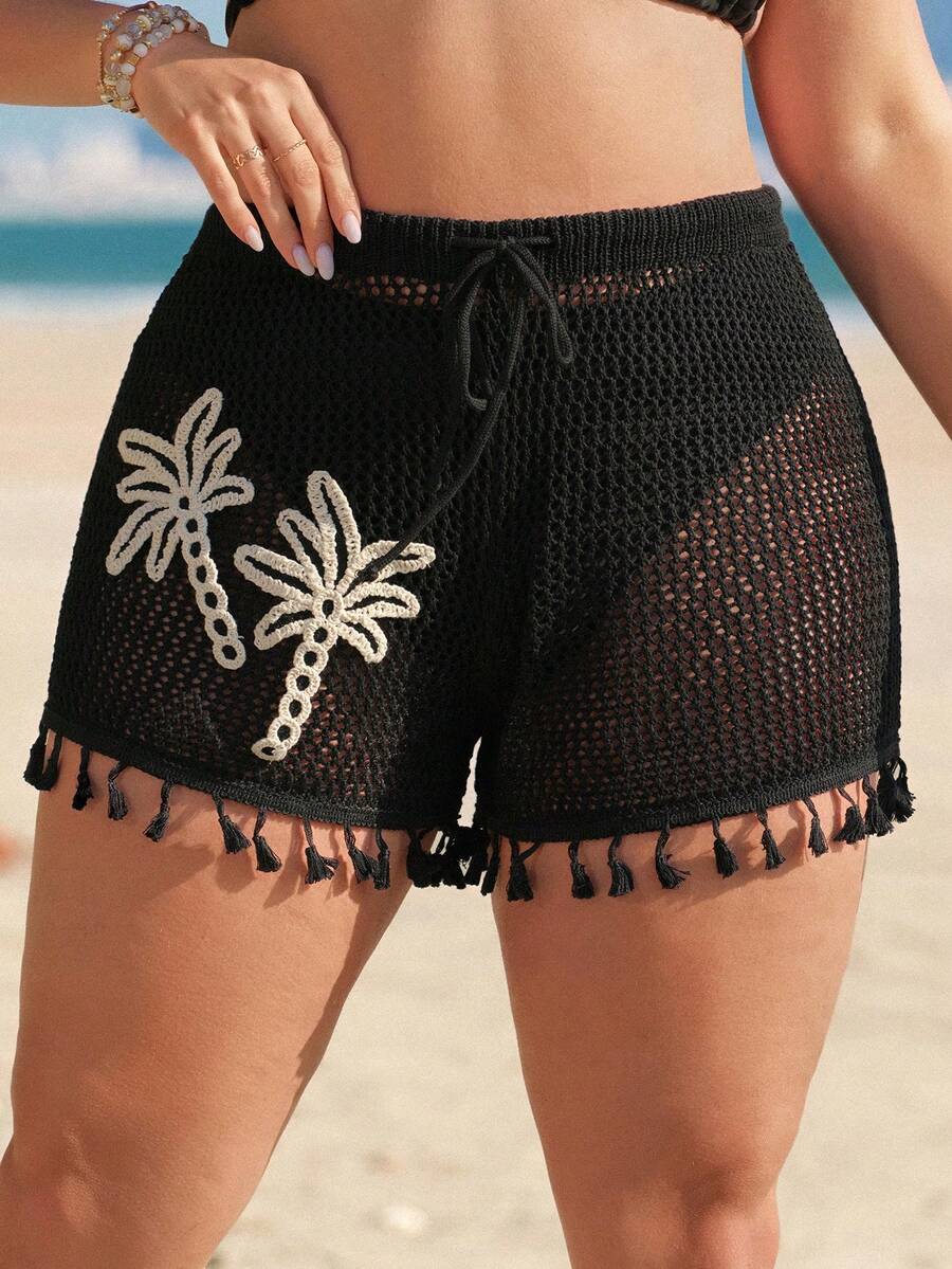 Swim Lushoire 加大码黑色单件针织椰子树装饰带流苏下摆女士泳裤短裤，春夏款